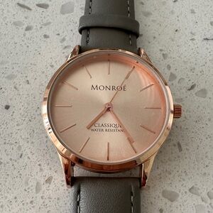 NEW - SOLD OUT ONLINE. Monroe Rose Gold Watch with Gray Leather Strap.